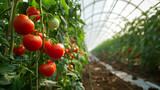 red organic tomatoes factory glisten with water droplets environment of a sun-filled greenhouse.