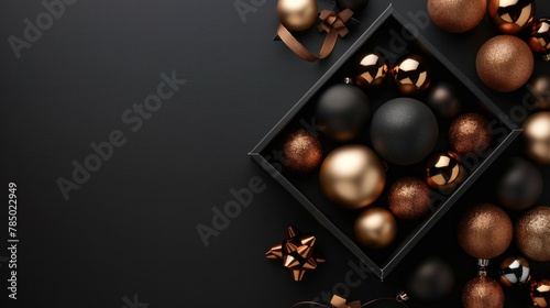 Bronze and black baubles in a gift box frame on a dark background. Flat lay, top view. Banner mockup with copy space