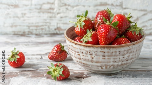 Ceramic bowl filled with freshly picked strawberries sits on a wooden table isolated on white background.