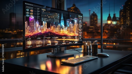 modern office with a computer on the table and night city view