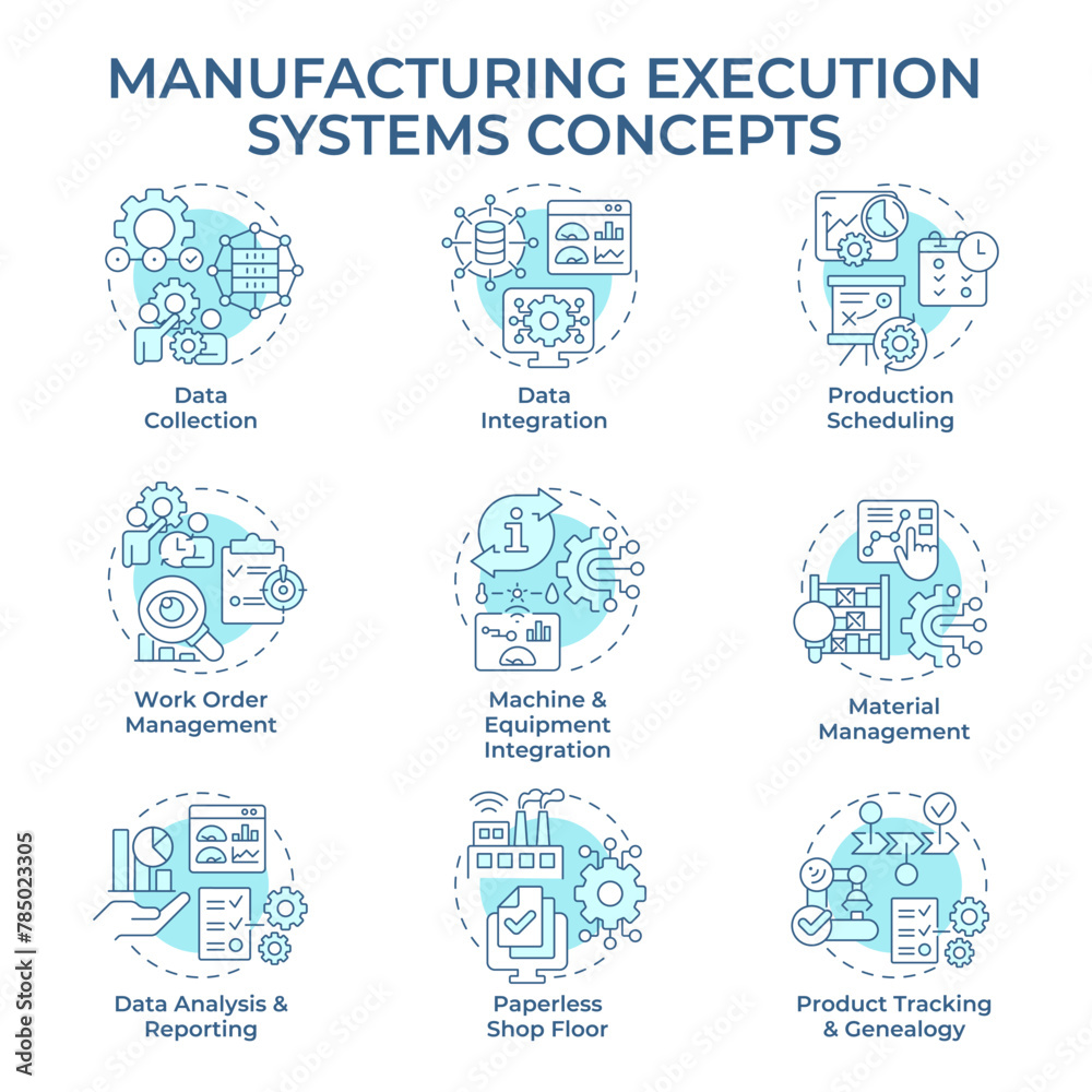 Manufacturing execution systems soft blue concept icons. Production processes optimization. Factory automation, performance. Icon pack. Vector images. Round shape illustrations. Abstract idea
