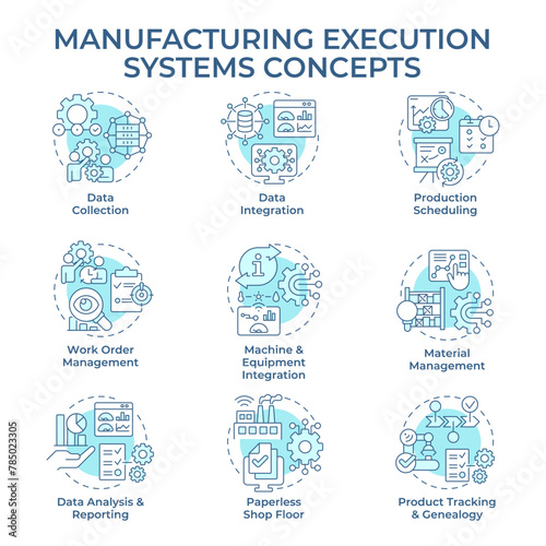 Manufacturing execution systems soft blue concept icons. Production processes optimization. Factory automation, performance. Icon pack. Vector images. Round shape illustrations. Abstract idea