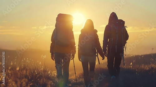 Group of friends walking with backpacks in sunset from back.