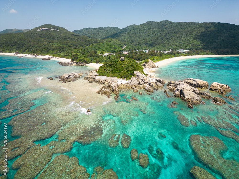 Okinawa, Japan: Aerial view of the Aharen beach in the tropical Tokashiki island in Okinawa in the Pacific Ocean.