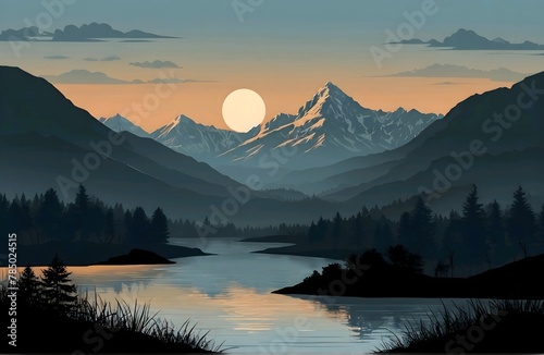 Vektor Landscape with silhouettes of mountains and Mountain river. Nature background. © Rafli