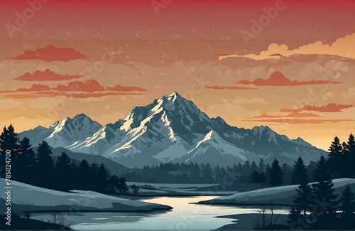 Vektor Landscape with silhouettes of mountains and Mountain river. Nature background. © Rafli