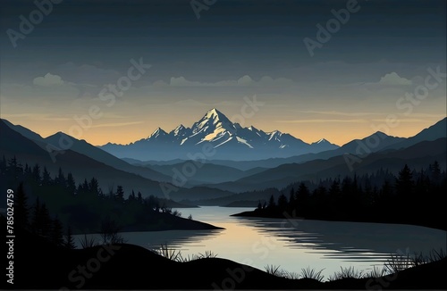 vector illustration of sunset scene on the mouintain with the peolpe