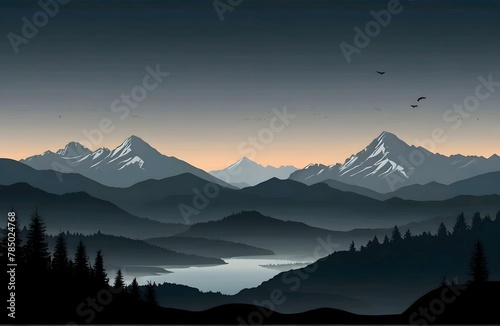 vector illustration of sunset scene on the mouintain with the peolpe