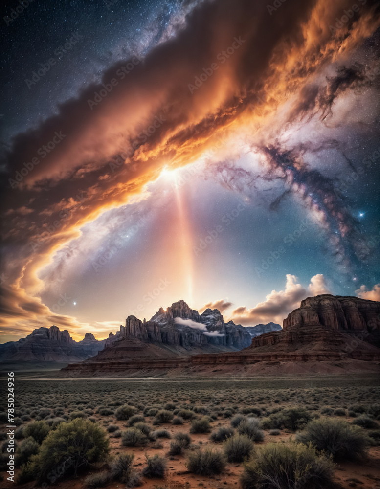 Captivating desert landscape under a dramatic sky. Rugged landscape with rock formations and mountiains under a starry sky with stormy clouds and galaxies.