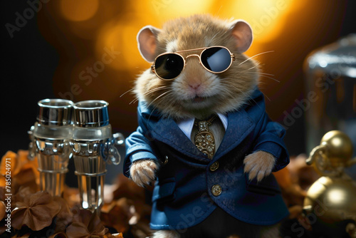 An irresistibly cute hamster adorned in stylish accessories, enjoying a bold blue background, creating a delightful and high-quality composition. photo