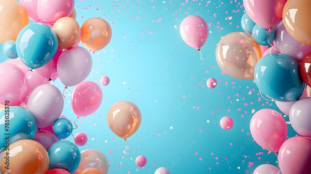 Festive Birthday Celebration Frame with Balloons and Confetti with pastel blue background Festive Birthday Celebration Frame with Balloons and Confetti with pastel blue background