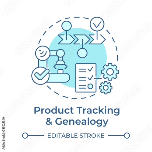 Product tracking and genealogy soft blue concept icon. Traceability manufacturing. Task accomplishment. Round shape line illustration. Abstract idea. Graphic design. Easy to use in infographic