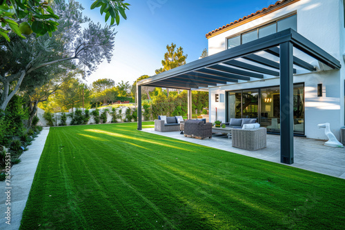 Artificial grass installation in the backyard of an elegant home featuring a lush green, high-quality artificial trimmed lawn area under a wooden pergola with outdoor seating and cozy lighting