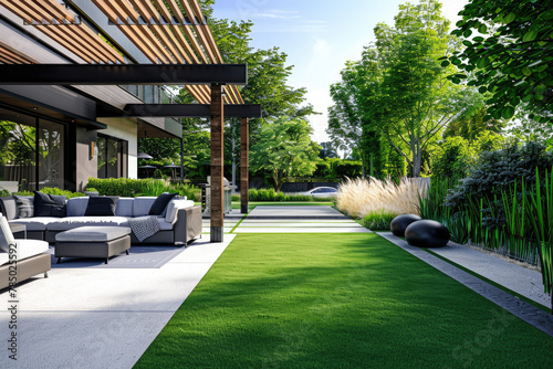 Artificial grass installation in the backyard of an elegant home featuring a lush green, high-quality artificial trimmed lawn area under a wooden pergola with outdoor seating and cozy lighting