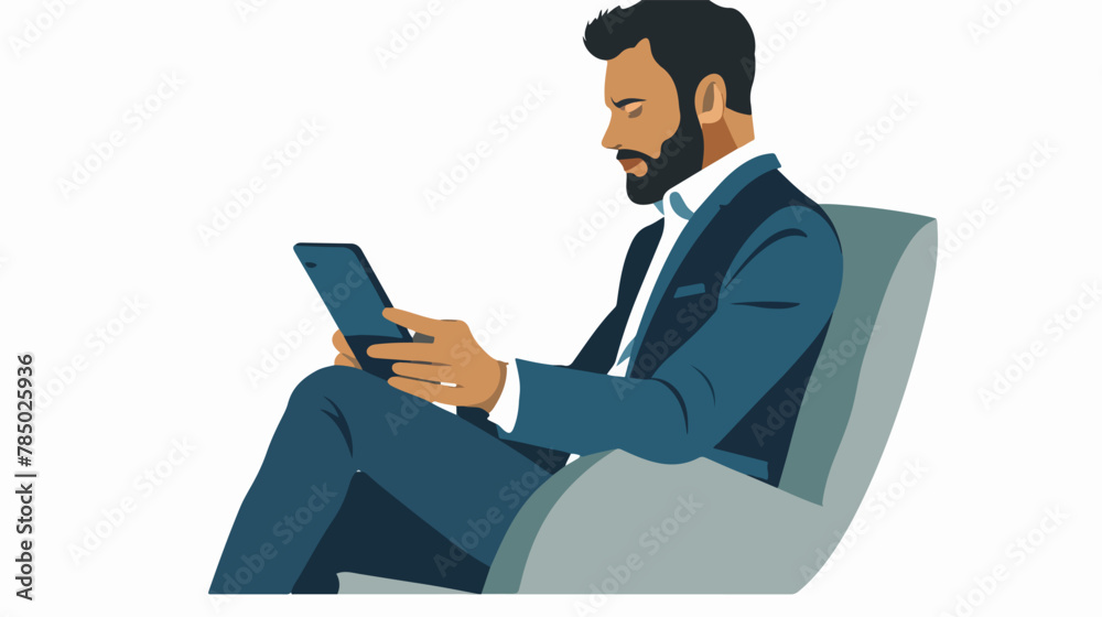 Sitting business man using his tablet computer holding