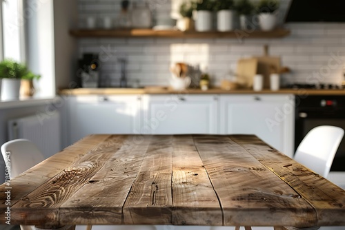 Empty wooden table in front of kitchen background, mock up for design