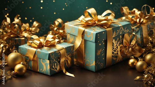 Two wrapped presents with gold ribbon and ornaments nearby

