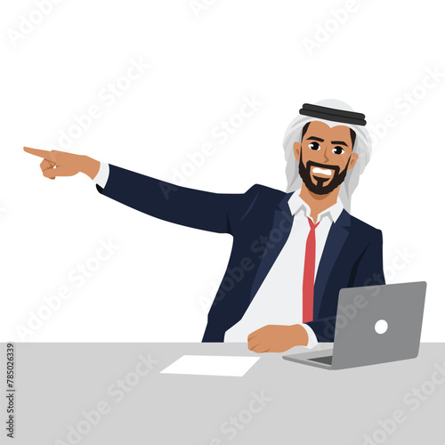 Angry arab businessman in a office pointing away asking to leave. Flat vector illustration isolated on white background