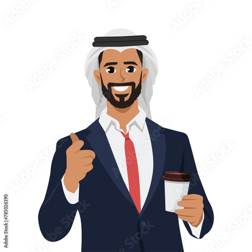 Young handsome arab businessman man holding coffee to take away. Flat vector illustration isolated on white background