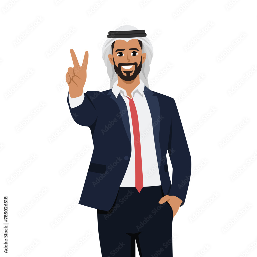 Happy young arab businessman doing a peace victory gesture. Flat vector illustration isolated on white background Happy young arab businessman doing a peace victory gesture. Flat vector illustration isolated on white background