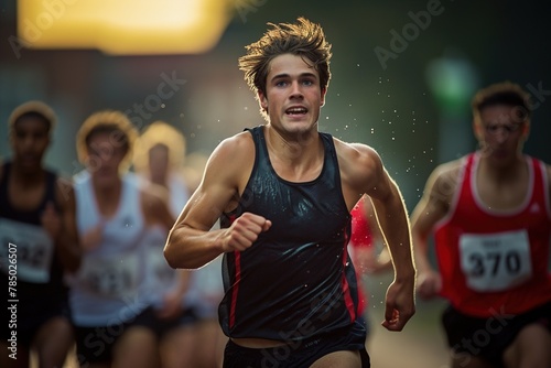 A man in a black tank top runs in a race with other runners