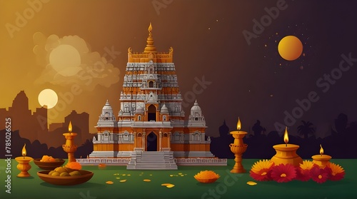 Illustration for tamil new year with temple and symbols.generative.ai