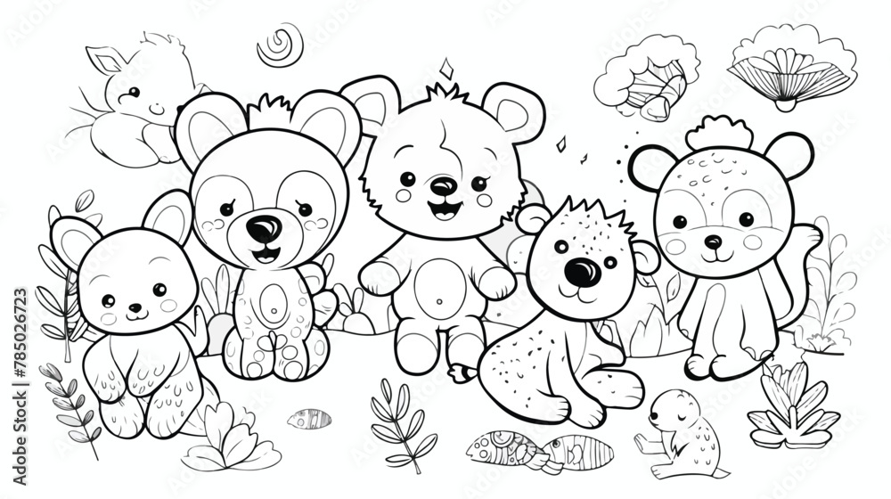 Cute coloring book cute animals baby Flat vector isolated