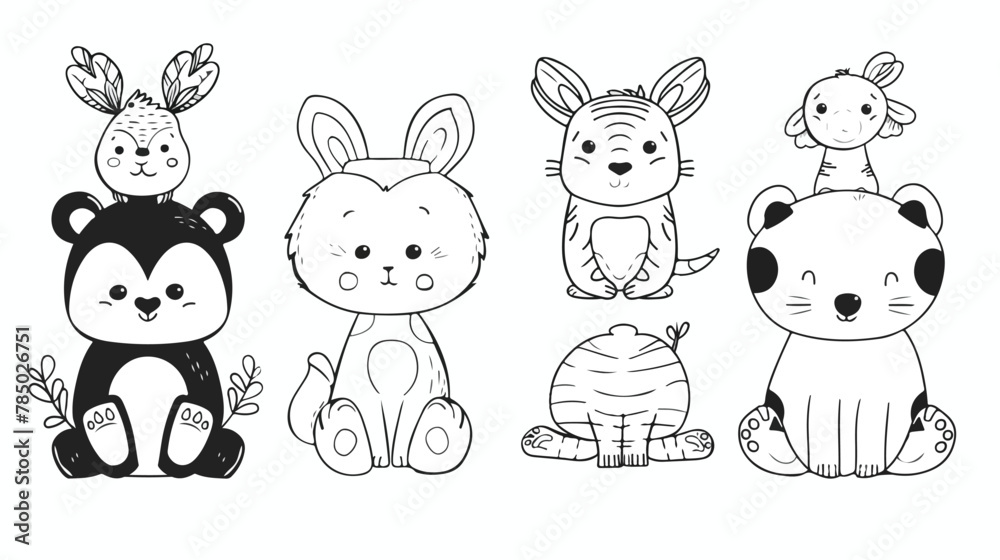 Cute coloring book cute animals baby Flat vector isolated
