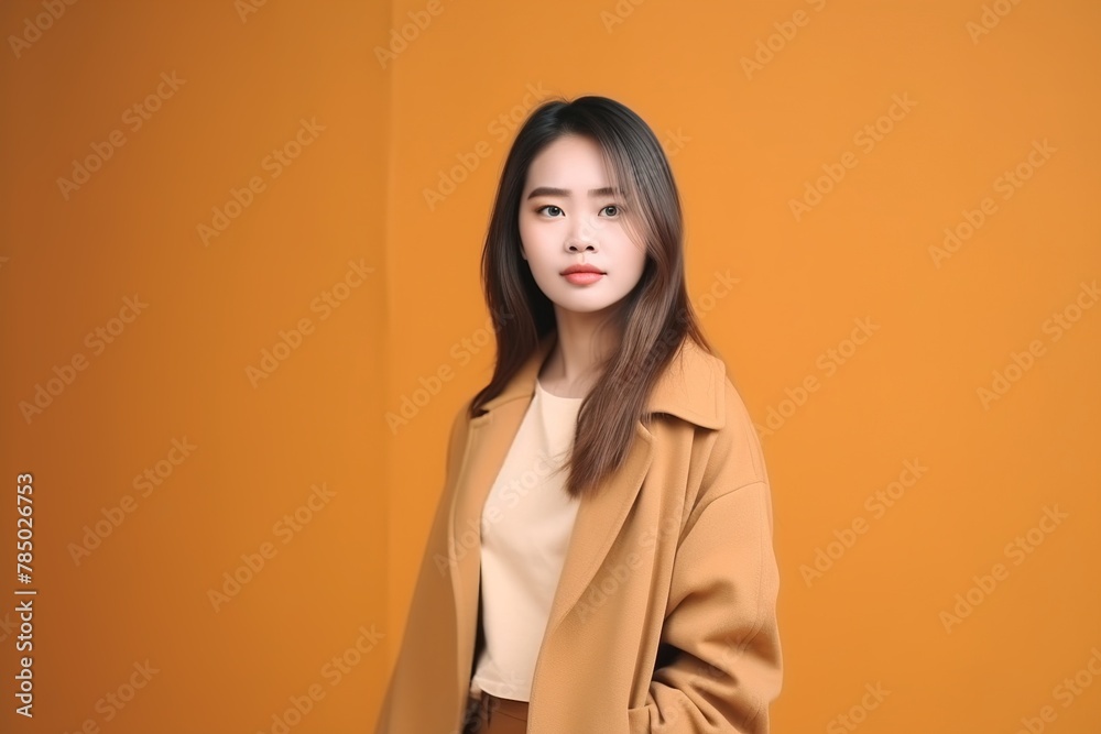 A woman in a tan coat stands in front of a yellow wall A woman in a tan coat stands in front of a yellow wall
