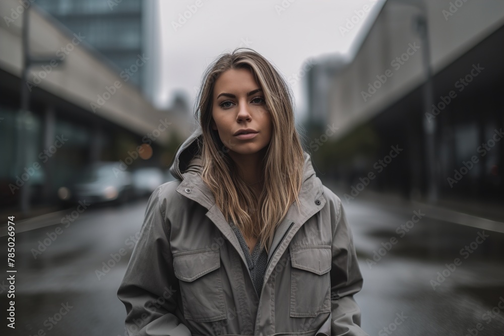 A woman wearing a grey coat stands on a wet street