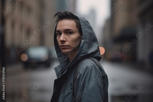 A young man wearing a hooded jacket stands in the rain © Juan Hernandez