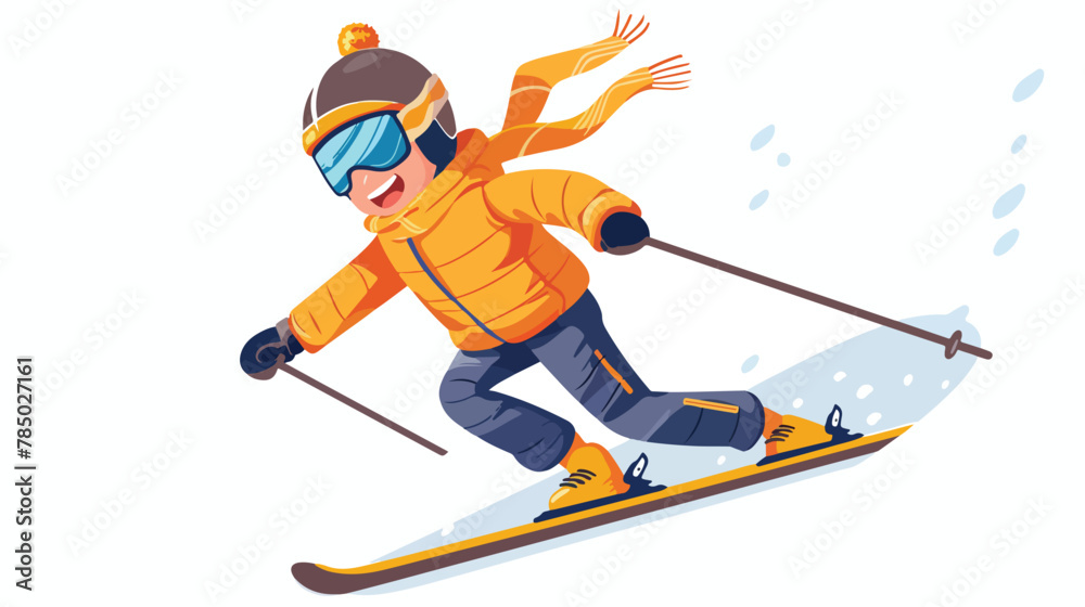 Smiling boy skiing fast down the mountain. Winter sport