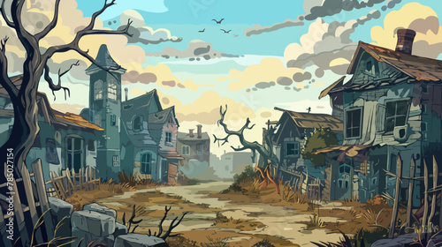 Abandoned town, illustration, cartoon hand-drawing background