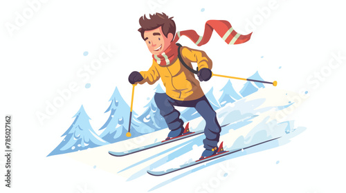 Smiling boy skiing fast down the mountain. Winter sport