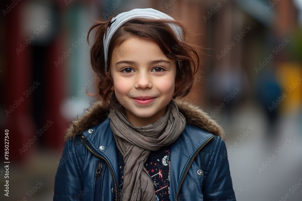 A young girl wearing a scarf and a jacket is smiling for the camera