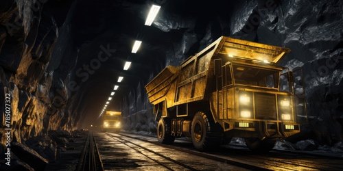 Mining truck in action, being filled with extracted mining products for transportation.
