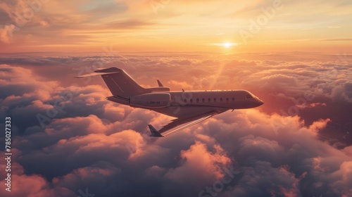 Golden Hour Glow: Emphasize the golden hour glow on the private jet's exterior, with sunlight streaming through the clouds. Generative AI