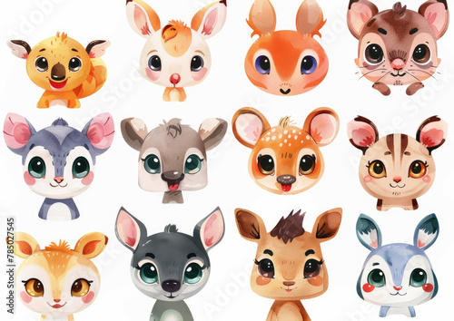 Cute animal face clipart set  watercolor cartoon illustration isolated on white background