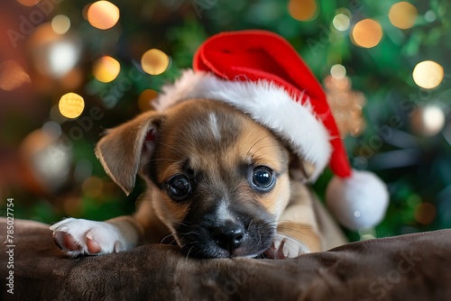 happy dog in santa claus hat celebrating christmas holiday at home lifestyle