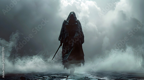 Cloaked Swordsman Navigating the Eerie Mist of the Supernatural Realm photo