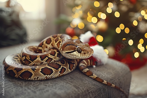 cool funny charming snake celebrating christmas holiday indoor at home, festive greeting card