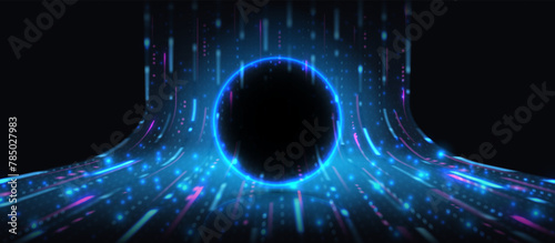 Round fantastic portal with energy stream. Empty round teleport or magic portal with blue neon glow on energy stream. Vector illustration of simulation of network futuristic world. Digital teleport. © Yaran