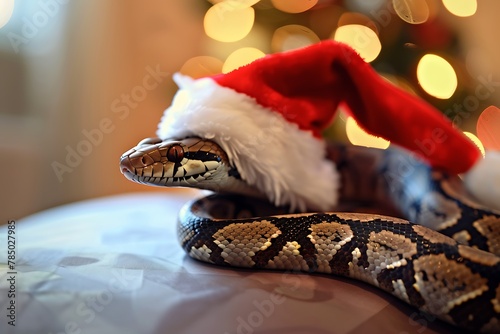 cool funny charming snake wearing santa hat celebrating christmas holiday indoor at home, festive greeting card