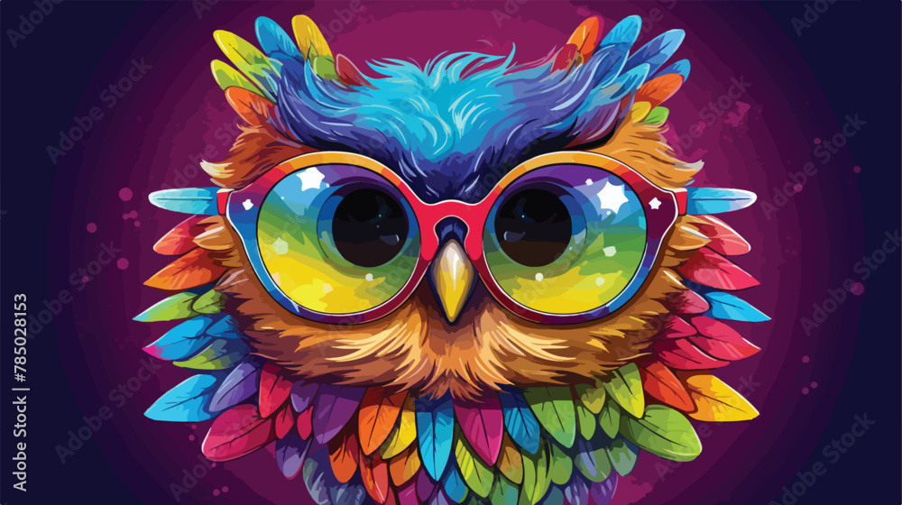 Cute fashion owl with rainbow glasses Vector illustration