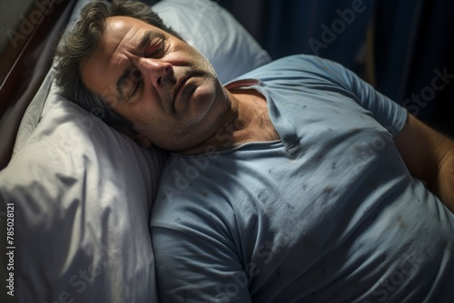  Middle-aged Brazilian male peacefully slumbering in a pristine hotel bed, in pajamas, experiencing Sleep Tourism.