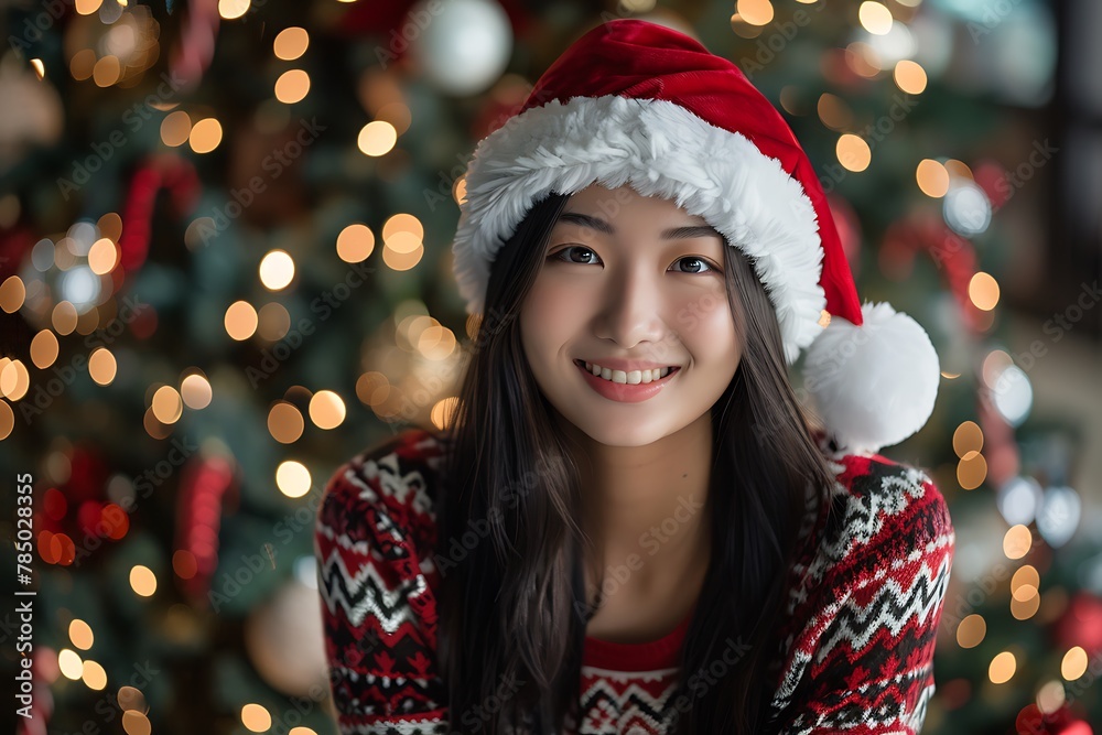 happy asian woman in santa claus hat and cozy knitted sweater on christmas tree background