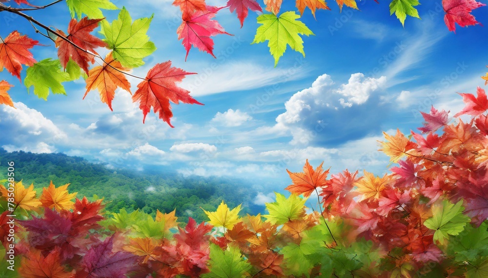 photorealistic,background, full colour maple small leaves on blue sky and beautiful clouds background