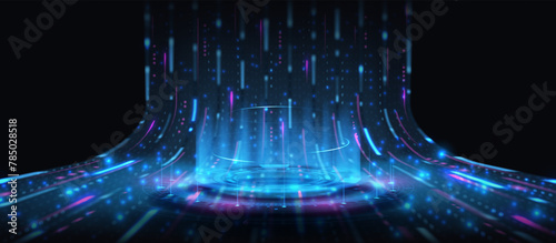 Round fantastic portal on energy stream. Empty round teleport or magic portal with blue HUD elements on energy flow. Vector illustration of simulation of network futuristic world. Digital teleport.