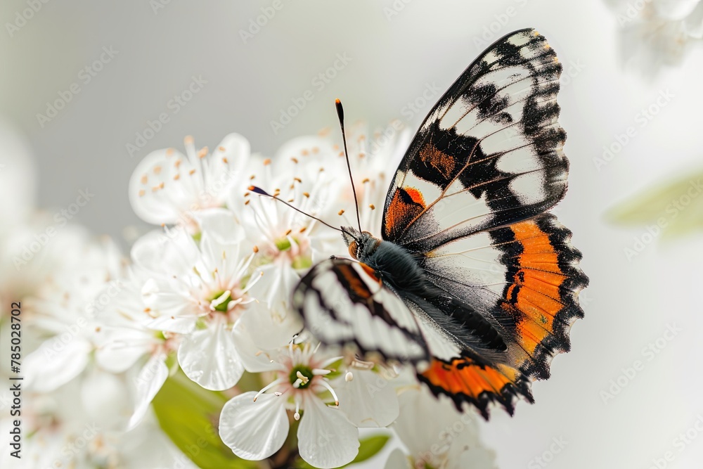 Obraz premium White Admiral Butterfly on flowers on white background, Awe-inspiring, 