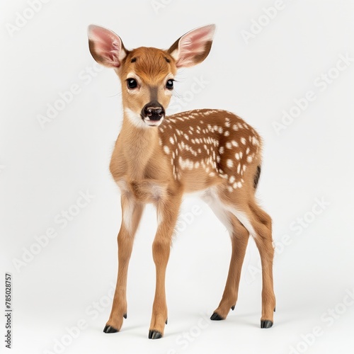 A young deer stands against a white backdrop, looking curiously at the viewer. © cherezoff